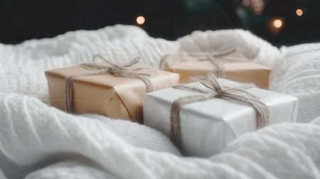 Wrapped presents in brown and silver paper rest on a soft white blanket illuminated by soft lights making it perfect for celebrating the holiday season.の素材