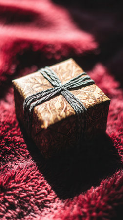 A beautifully wrapped holiday gift box sits on luxurious fur highlighting its detailed design and warm colors perfect for cozy celebrations.の素材