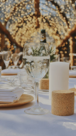 A beautifully arranged dinner table features champagne candles and decorative details all illuminated by soft fairy lights perfect for an evening gathering.の素材