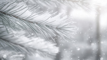 Frosty pine branches frame a bright center perfect for holiday messages and winter greetings capturing the beauty of a snowy landscape.の素材