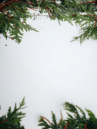Green fir branches form a decorative frame highlighting a bright center space perfect for adding seasonal decorations or messages during the holiday season.の素材