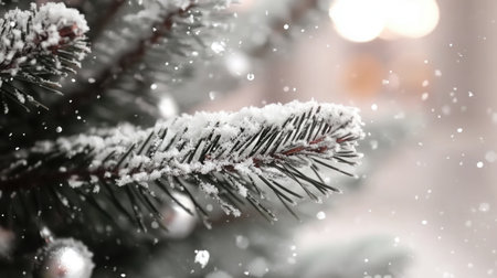 Snow blankets the pine branches as delicate flakes fall gently creating a quiet winter atmosphere. The background is softly blurred hinting at a warm interior space.の素材