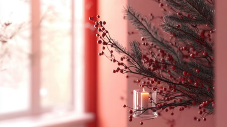 cluster of fir branches adorned with red berries and candles is displayed indoors bringing warmth and charm to the winter season with a soft glow.の素材