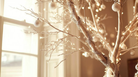 A beautifully designed tree features white ornaments and silver ribbons creating a warm atmosphere with gentle lighting in a cozy indoor environment.の素材