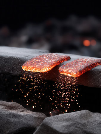 Molten droplets glow brightly as they drip from heated surfaces revealing details of their transformation and the intense heat that creates them amidst dark setting.の素材