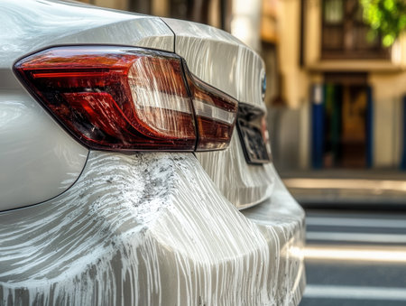 Deep scratches and damage on the front bumper car parked on a busy urban street during the day with buildings visible in the background.の素材