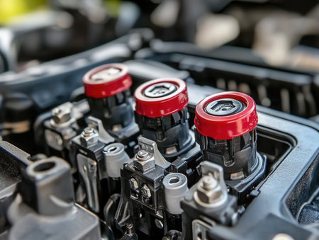 of car battery terminals presents intricate details of red caps and metal attachments showcasing the importance of connections in a vehicle's electrical systemの素材