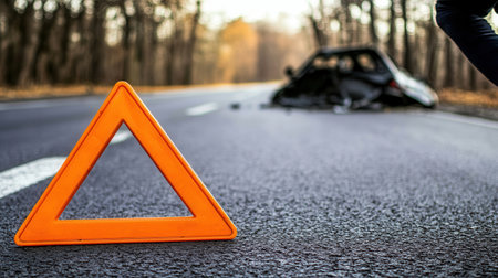 A warning triangle stands on the asphalt road next to a car accident scene with the vehicle visible among trees under daylight.の素材