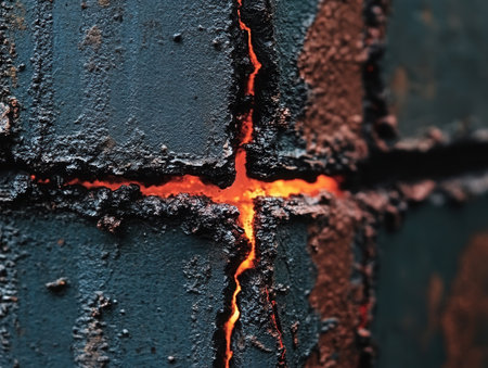Close-up view glowing steel welding joint showcasing intense heat and light emerging from cracks in the metal during a welding operation in a workshop.の素材