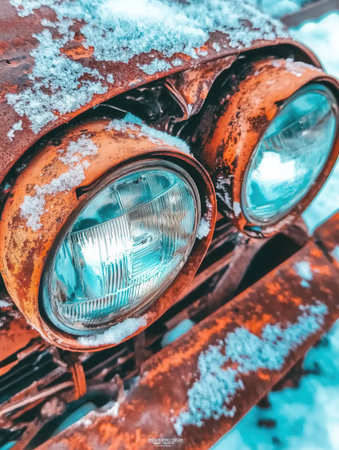 view of a broken headlight on a rusty vehicle partially covered in snow highlighting the effects of weather and time in a cold environment.の素材