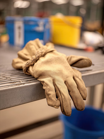 Greasy mechanics gloves lay on a metal workbench in a well-used garage indicating ongoing repairs and hands-on work in the late afternoon.の素材