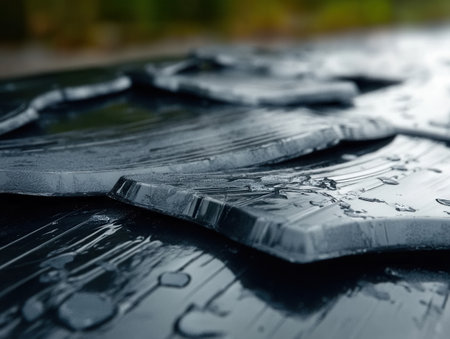 Close-up view of torn plastic bumper fragments lying on a surface highlighting damage and texture in a detailed and focused manner.の素材