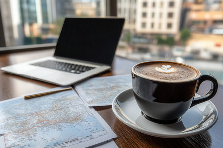 A laptop sits on a wooden desk next to printed maps and a coffee cup. Sunlight streams in from the window highlighting the cityscape outside during the afternoon.の素材