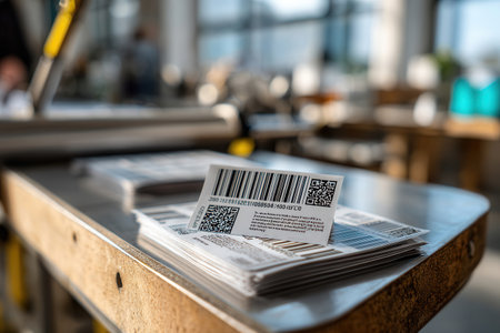 A stack of barcode stickers is arranged neatly on a printing table showcasing their clean design in a bright spacious production area with large windows.の素材
