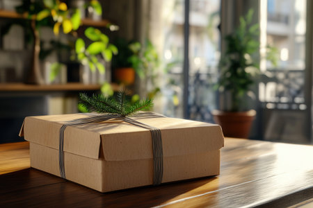 On a wooden table a beautifully wrapped gift box adorned with fresh greenery captures the cozy atmosphere of a room filled with indoor plants.の素材
