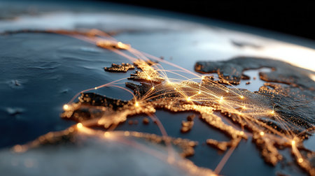 Detailed view of a world map projection highlighting illuminated logistics routes that link cities globally showing transportation networks and connectivity.の素材