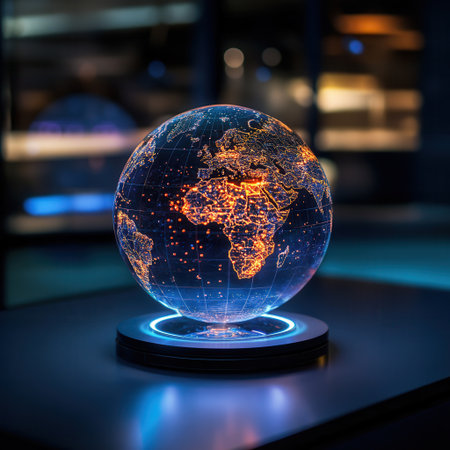 A holographic planet Earth spins slowly showing detailed maps of continents and oceans lit with bright animated light patterns in a darkened environment.の素材