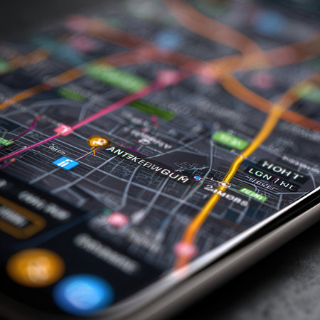 close-up view of a smartphone screen shows a tracking app interface featuring detailed map filled with streets markers and navigation routes city area.の素材