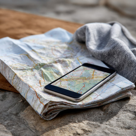 A smartphone displaying a GPS app rests on folded maps set against a textured background highlighting the blend of classic navigation and modern tools.の素材