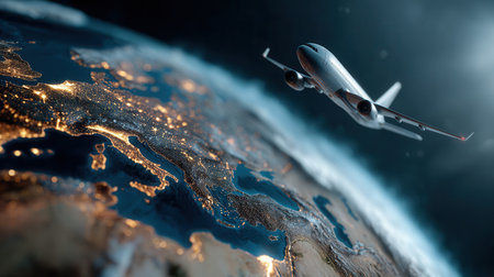 An airplane soars above a brightly lit globe highlighting cities and regions as it represents international travel and connectivity during nighttime.の素材