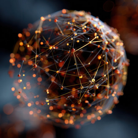 A glowing Earth sphere made of bright dots and lines showcases a network of connections that illuminate the dark background resembling global links and data.の素材