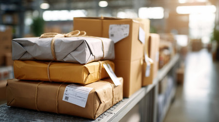 Stacks of neatly packaged parcels await dispatch inside a well-lit warehouse signifying efficient shipping preparations during daytime operations.の素材