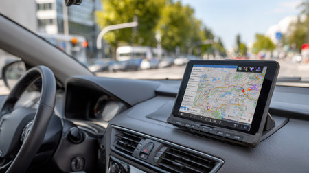 Dashboard displays GPS navigation and a delivery tablet capturing a moment in a busy city street with clear skies and several vehicles on the road.の素材