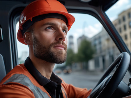 Focused worker in a bright helmet drives a forklift through a bustling city street showcasing attention to safety and skill in a vibrant industrial setting.の素材