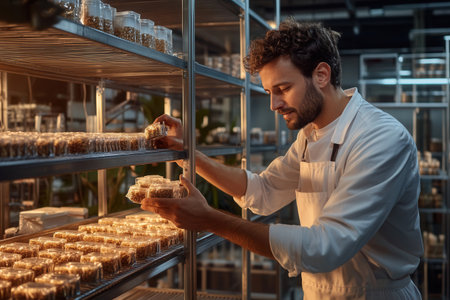 A worker carefully arranges neatly packaged goods on a warm metal rack in a well-organized warehouse highlighting attention to detail and quality.の素材