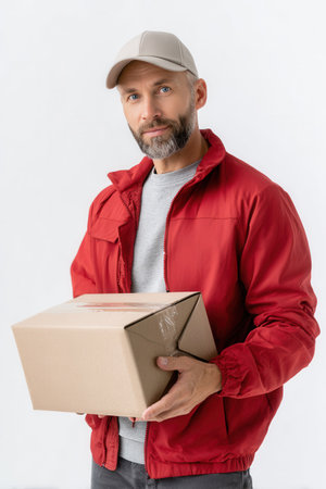 A man wearing a red jacket and a gray shirt stands against a white background while holding a brown delivery package. His expression is calm and focused.の素材
