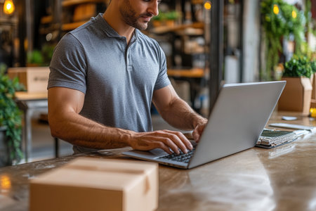 A person focuses on a laptop to organize and plan the delivery schedule in a well-lit warehouse filled with packing boxes in the afternoon.の素材