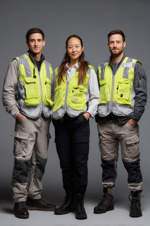 Freight logistics team stands confidently in reflective vests ready for their tasks. Their focused teamwork emphasizes safety and professionalism in the logistics industry.の素材