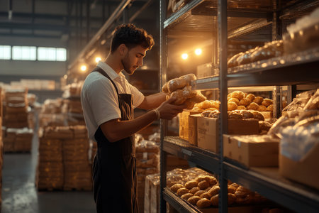 A worker sorts through packaged goods on a metal rack in a warm warehouse filled with light focusing on arranging products neatly during late afternoon.の素材