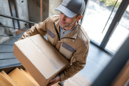 A driver is seen ascending stairs inside a contemporary home carrying a large cardboard box with care. The focus is on the task of delivering packages.の素材