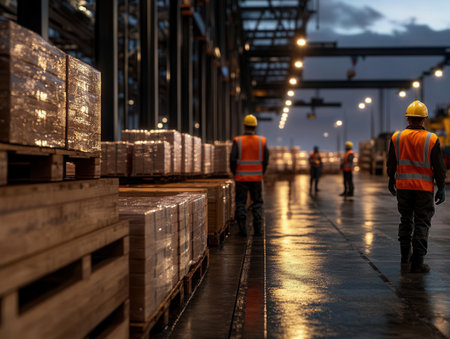 At a busy cargo dock workers in helmets and safety vests monitor operations under warm lights. The ground is wet creating reflections while crates are stacked nearby.の素材