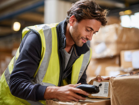 A worker in a safety vest scans a shipping label on a box using a handheld device inside a bustling warehouse during business hours.の素材