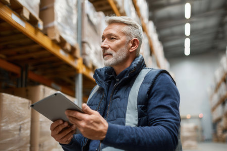 A warehouse manager checks inventory on a tablet while surrounded by organized shelves filled with boxes in a busy warehouse environment.の素材