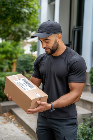 A delivery driver inspects a package closely scanning its barcode with focus situated outside a building amidst lush greenery showcasing diligence and care.の素材