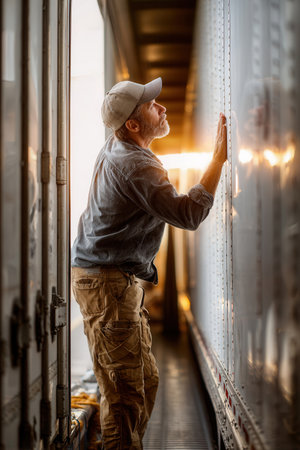 Driver carefully closes the trailer doors in preparation for a trip surrounded by the warm glow of sunset ensuring everything is ready for the road ahead.の素材