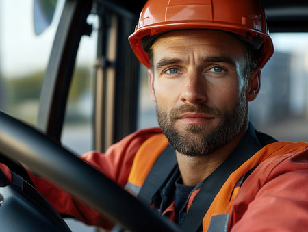 A worker in an orange helmet drives a forklift with focused attention navigating through a bustling industrial site under clear skies.の素材