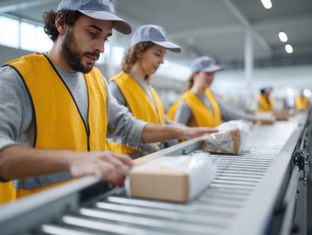 In a bustling warehouse workers sort and handle air freight packages on a conveyor system ensuring efficient processing of shipments during working hours.の素材