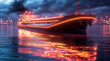 The oil tanker sails smoothly through tranquil waters during dusk its glowing lines illuminating the dark surroundings and reflecting brightly on the surface.の素材