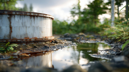 An oil storage tank stands with visible spill around its base showing environmental damage in a rural industrial setting on an overcast day.の素材