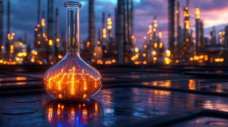 In an evening scene a holographic refinery stands tall with glowing data nodes. Reflective surfaces shimmer under the colorful sky as operations continue.の素材