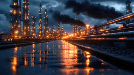 At night an oil refinery blooms with bright glowing pipelines while drones navigate the sky showcasing a bustling industrial activity against dark clouds.の素材