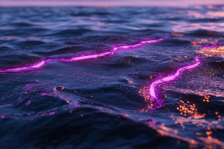 Glowing neon hazard lines appear on the surface of water presenting an oil spill concept at twilight highlighting environmental concerns and safety.の素材