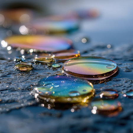 Close-up view of water droplets floating on a smooth surface capturing the colorful reflection of a rainbow on a tranquil water body.の素材