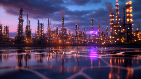 A holographic energy network overlays a refinery during sunset highlighting the structures and creating a vibrant futuristic atmosphere in the industrial setting.の素材