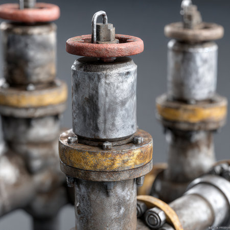 Close-up view of worn industrial valves in a factory featuring labels and unique textures highlighting their importance in fluid control systems during operations.の素材