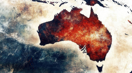 Soft pastel chalk art illustrates the diverse landscapes of Australia and Oceania highlighting natural features and colorful details on a textured background.の素材